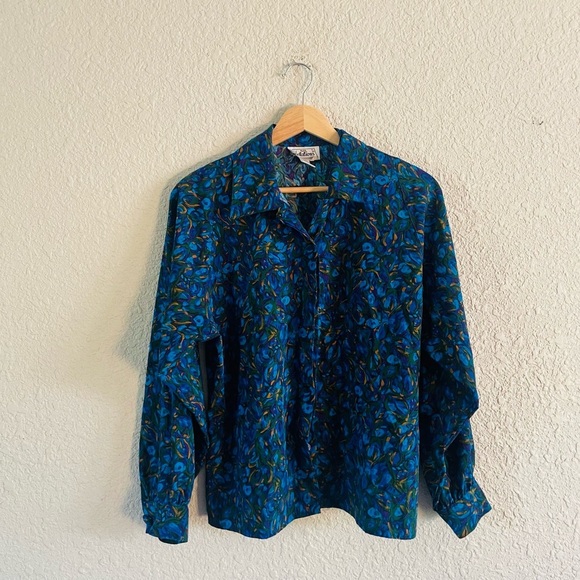 Vintage Tops - Vintage Notations Blue Jewel Tones Button Up Blouse